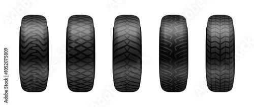 Car maintenance and equipment for vehicle. Vector isolated set of realistic rubber wheel tires for summer or winter. Transport automotive shop with assortment of quality products for auto