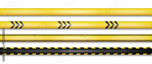 Crime scene investigation, warning or caution tape for cordon off perimeter. Vector realistic set of adhesive tapes or stripes with lines and arrows. Restriction and barricade for passersby