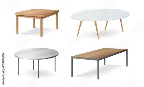 Kitchen and living room contemporary furniture for interior design. Vector isolated set of coffee desk with smooth surface. Stylish furnishing with wooden material. Modern tabletops for house