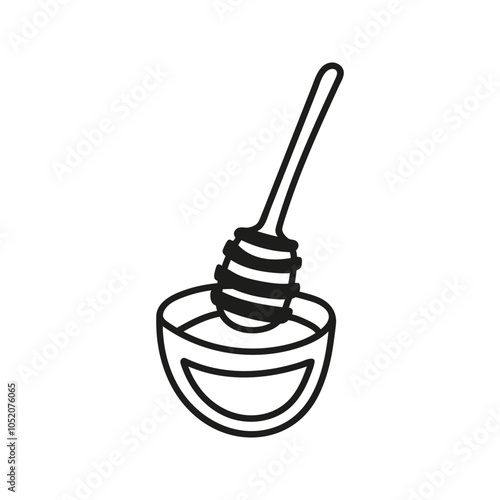 Glass sauce pan honey with dipper and liquid dripping honey. Hand drawn doodle illustration.