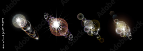 Sun flare and glare set with circles and ray. Vector isolated set of realistic shining and glowing light. Cosmos or celestial body decoration. Camera flicker or beams with sunshine and shimmer