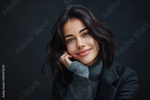 Young brunette female in dark blazer and gray sweater smiling