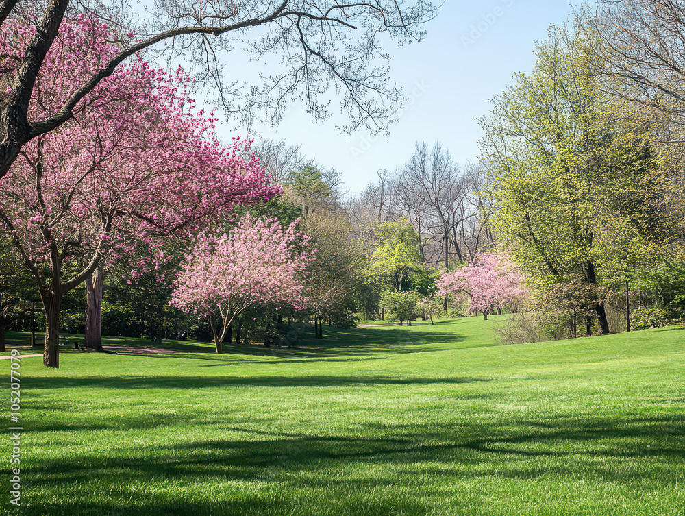 Fototapeta premium Serene park featuring vibrant cherry blossoms under a clear blue sky, highlighting the beauty of spring.