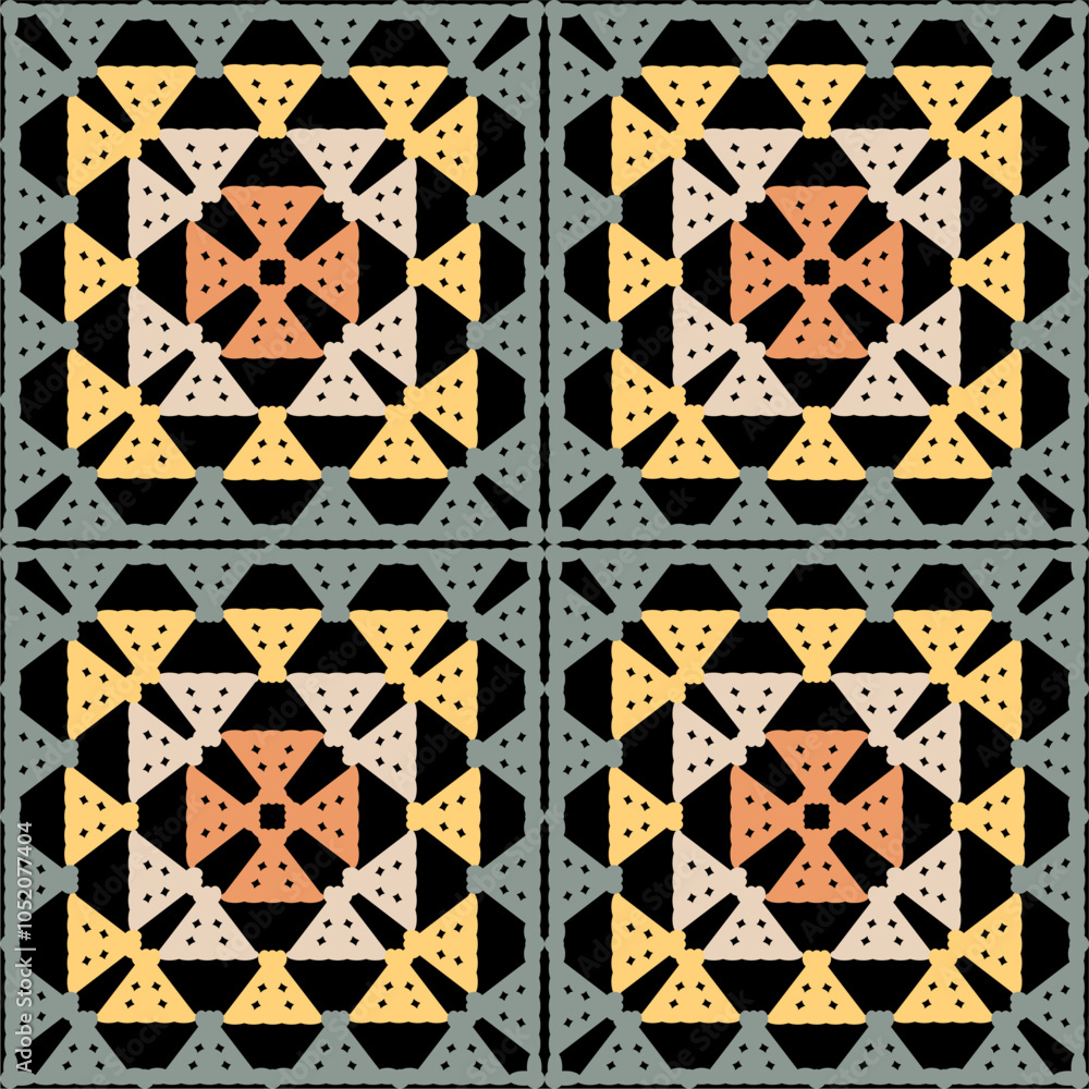 Fototapeta premium Pattern with crochet granny square with flowers wallpaper handmade decorative art design print 