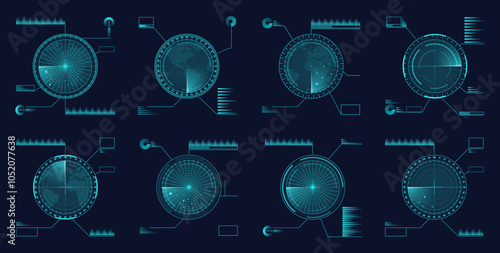 Displays with world map and targets or enemy. Vector isolated military radars or interfaces with information about air force or naval aim. Defense and war technologies for search and protection