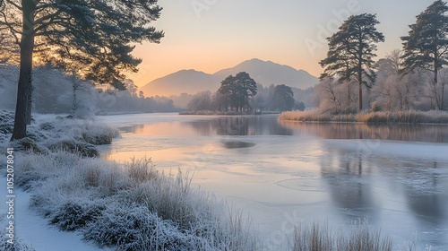 Winter landscape with frozen lake and mountains in the distance, peaceful and still for January themes photo