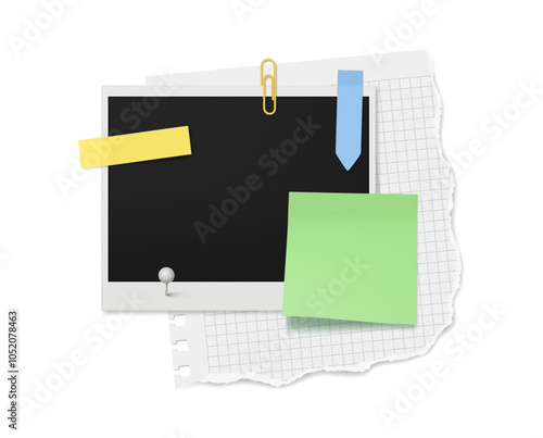 Collage of trendy elements torn vibrant texture paper. Scotch tape and polaroid photo frame with metal clip fastener. Vector mockup of empty realistic film snapshot picture, notes for photographer