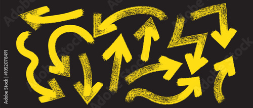 Brush, marker drawn bold arrows set. Collection of hand drawn doodle thick arrows in different directions.