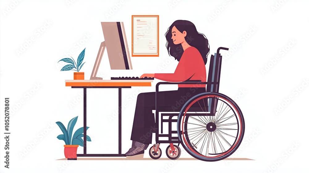 young girl with a wheelchair in an office. flat cartoon style.