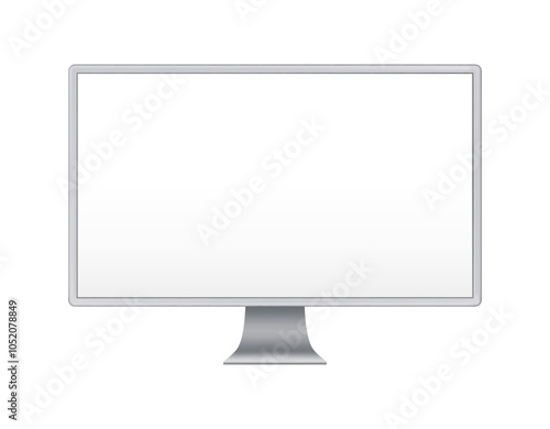 Personal computer empty monitor, realistic illustration. Isolated device with blank screen, copy space or advertisement for application. Prototype or presentation of desktop technology