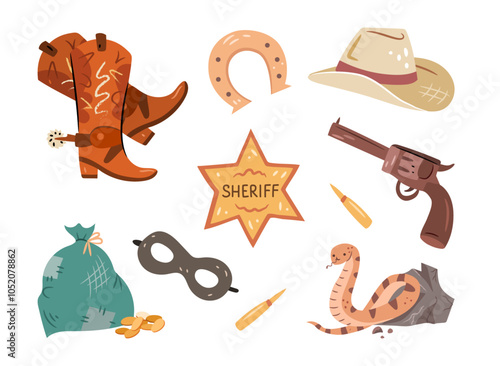 Cute wild west elements collection. Vector cowboy boots with spurs and hat, revolver and high caliber cartridge, horseshoe and sheriff badge, mask and snake near stone, gold coins in sack