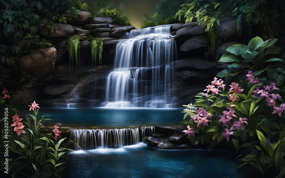 Enchanting moonlit waterfall cascading into a crystal-clear pool, surrounded by luminescent flora Enchanting moonlit waterfall cascading into a crystal-clear pool, surrounded by luminescent flora