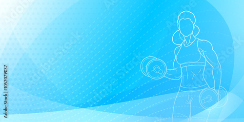 Blue fitness themed background. Silhouette of a female person,  holding what appears to be dumbbells or weights, set against an abstract gradient background.