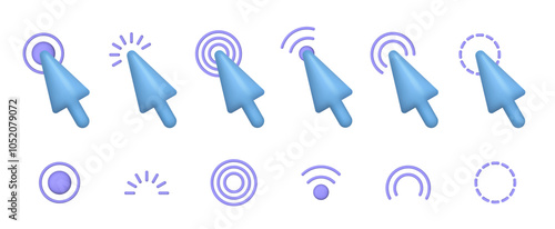 Cursors and pointers clicking and interacting with website or application elements. Vector UI design and effect from motion of mouse, computer realistic icons for interface and navigation