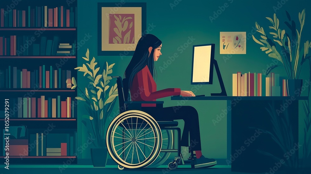 young girl with a wheelchair in an office. flat cartoon style.