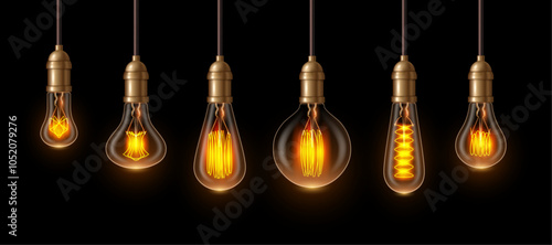 Retro glowing lamps in realistic design isolated on black. Vector electricity light bulbs, antique ceiling indoor or outdoor lamps with yellow light. Interior design elements