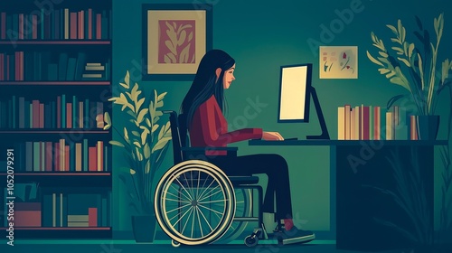 Obraz na płótnie young girl with a wheelchair in an office. flat cartoon style. w salonie