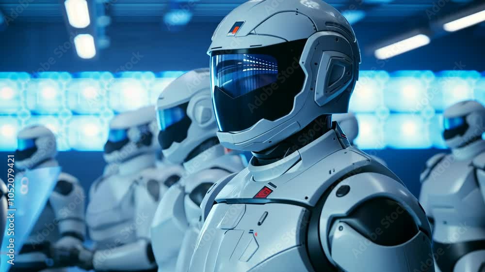 Futuristic Robotic Soldiers in High-Tech Command Center, Advanced AI, Cybernetic Security Forces, Technological Innovation for Defense, Concept of Future Warfare, Modern Robotics, Precision Machinery Futuristic Robotic Soldiers in High-Tech Command Center, Advanced AI, Cybernetic Security Forces, Technological Innovation for Defense, Concept of Future Warfare, Modern Robotics, Precision Machinery