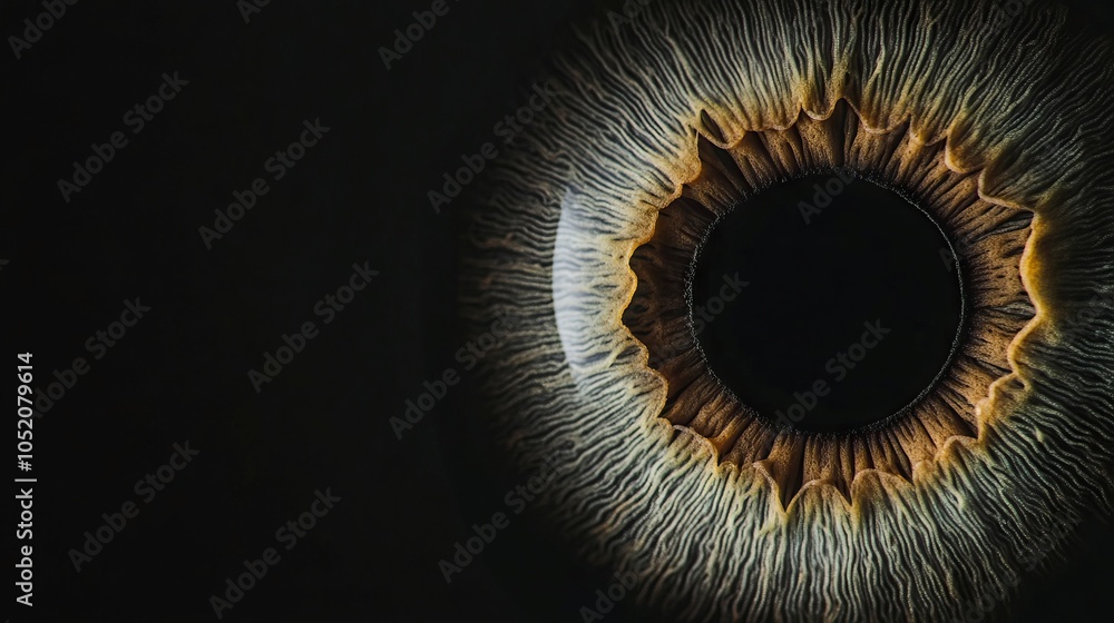 Close-up photo of a human iris on a black background with copy space. AI generated illustration Close-up photo of a human iris on a black background with copy space. AI generated illustration