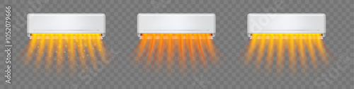 Climate control in winter, air conditioner with warm heating stream. Vector isolated modern system for home, appliance with fresh flow of wind, temperature comfort and purifier for house