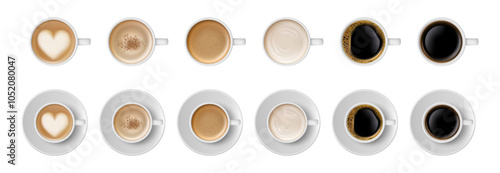 Coffee cup with foam and heart, top view. Vector espresso or latte macchiato hot drinks with foam and cream in white mugs with saucers. Refreshing aromatic energy drinks, cafeteria menu design