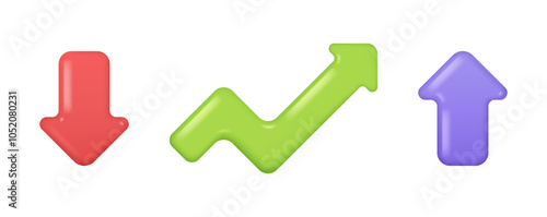 Arrow 3d chart graph pointer, vector illustration. Up and down forward arrow, motion and navigation symbol, financial growth concept. Web design elements crease of decrease sign