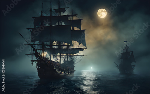 Ghostly pirate ship sailing through a foggy sea