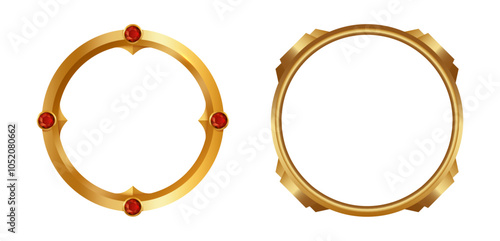 Round classic frame of gold with ruby stones. Vector round shape border with diamonds, retro classical decoration, picture framing in victorian style. Gallery exhibition framing