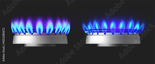 gas burners side view, electric ignition propane butane blue flame in cooking oven. Vector isolated set of piece of home appliances for preparing meal. Burning blaze and metallic shape of hob