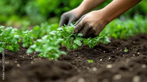 People engaged in community garden project using AI technology to enhance plant growth during spring season