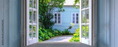 Open window in a vintage white house with blue walls, green garden and street view, white wooden frame, daylight, photo realistic.
