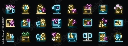 Neon icons depicting various aspects of influencer marketing, including video creation, product promotion, and online engagement