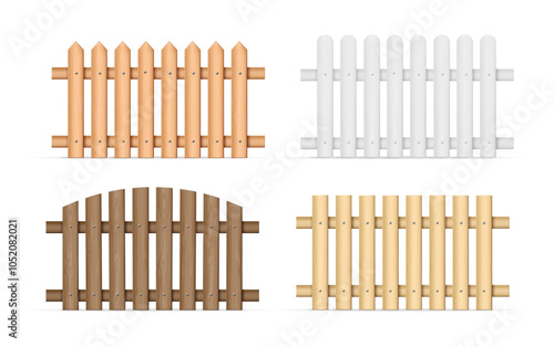 Fence wooden timber, countryside barrier of wood material vector illustration set. Village architecture rustic outdoor barrier, backyard garden picket. Cartoon garden planks of white, brown grey color