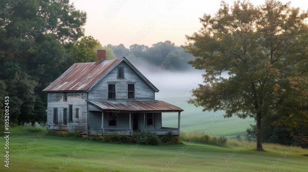 Farmhouse dawn light windows rustic charm misty fields. AI generated Farmhouse dawn light windows rustic charm misty fields. AI generated