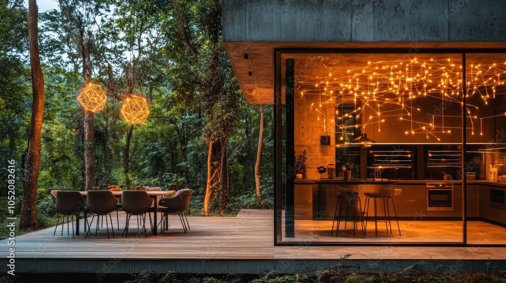 Automated kitchen in a cozy indoor setting surrounded by tranquil natural beauty during evening hours Automated kitchen in a cozy indoor setting surrounded by tranquil natural beauty during evening hours