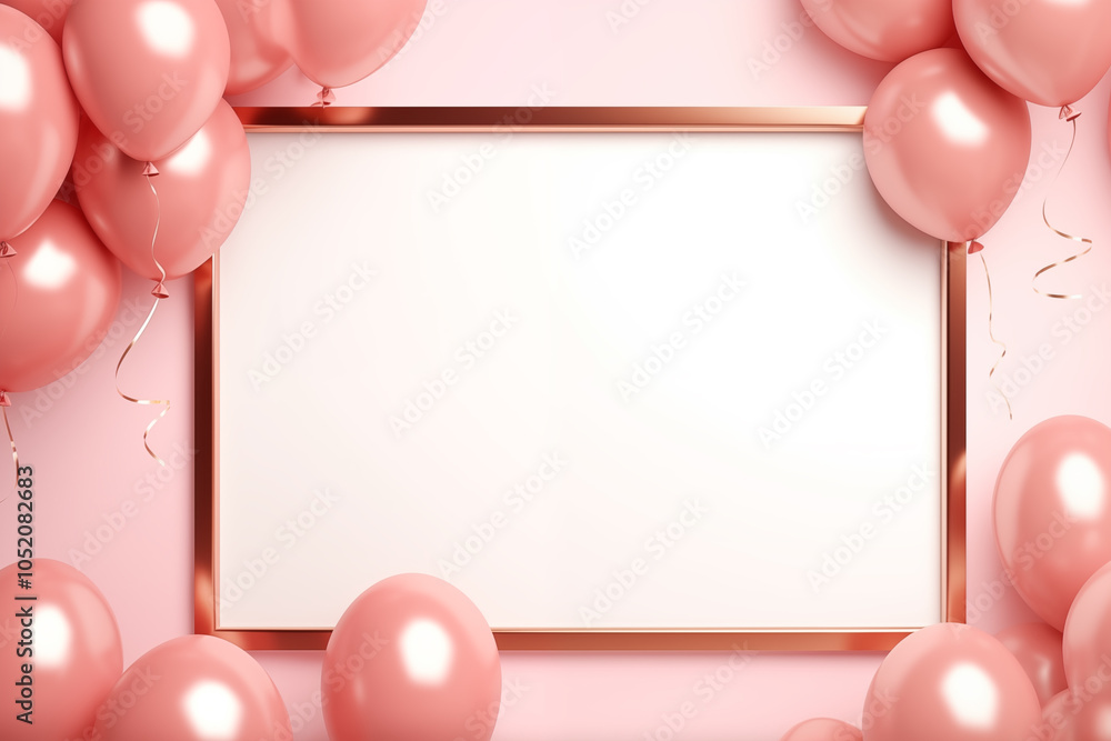 Elegant Rose Gold Frame with Pink Balloons Background - Space for Text Elegant Rose Gold Frame with Pink Balloons Background - Space for Text