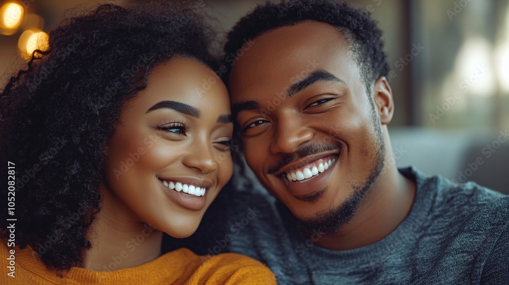 BIPOC couple arranging furniture in their new living room smiling and chatting Stock Photo with side copy space BIPOC couple arranging furniture in their new living room smiling and chatting Stock Photo with side copy space