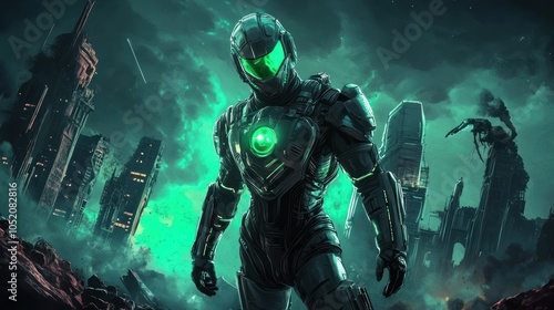 Wallpaper Mural Futuristic Cyborg Standing In Front of a Ruined City Torontodigital.ca