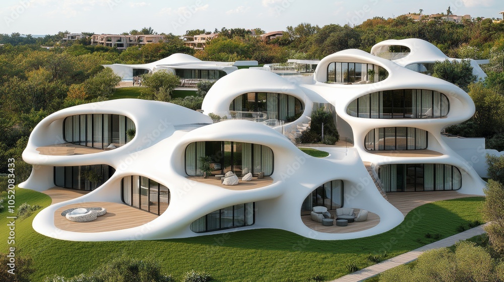 Fototapeta premium Futuristic mountain resort featuring sustainable architecture integrated into the landscape surrounded by nature