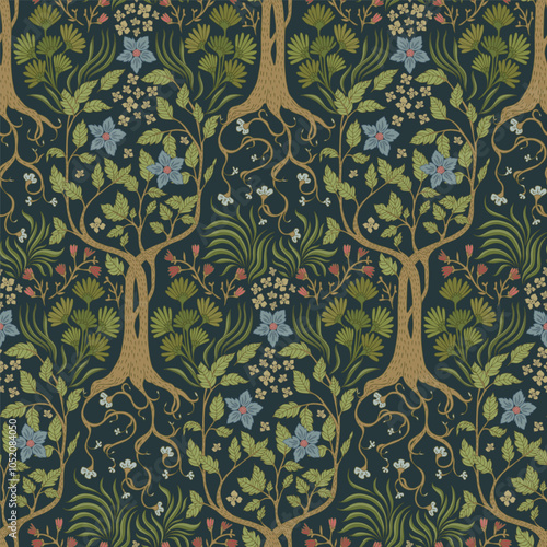 Retro seamless pattern. Stylized garden. Plant ornament.