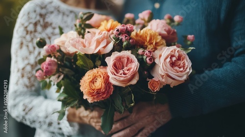 Close-up of colorful bouquet held by elderly couple