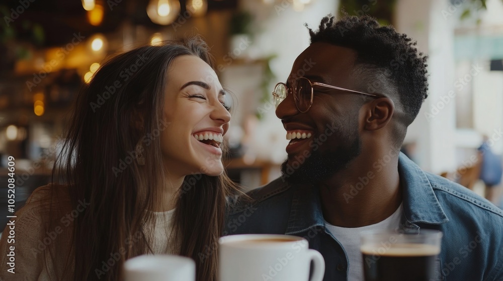 Young couple laughing and enjoying coffee at a trendy café. Enjoyable date with beverages in a fashionable setting. Young couple laughing and enjoying coffee at a trendy café. Enjoyable date with beverages in a fashionable setting.