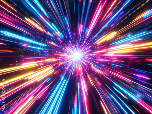 Vibrant explosion of colorful light beams radiating from a central point against a dark background.