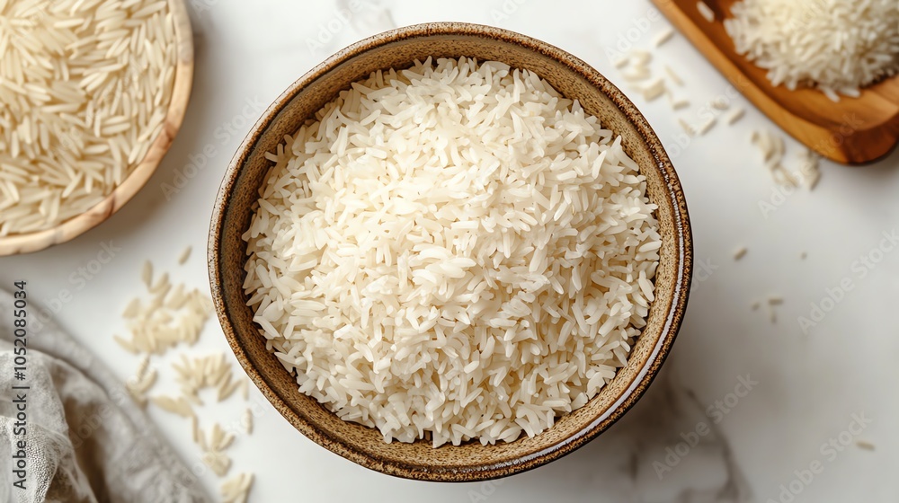 Bowl of uncooked white rice on marble surface. Bowl of uncooked white rice on marble surface.