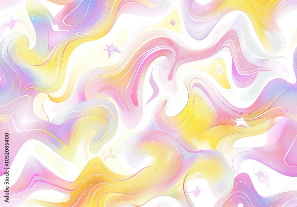 Obraz premium Dreamy Seamless Pattern of Swirling Waves in Rainbow Colors and Stars