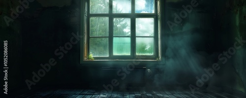 Old house, dark room, window with light green glass, rain cloud visible outside.