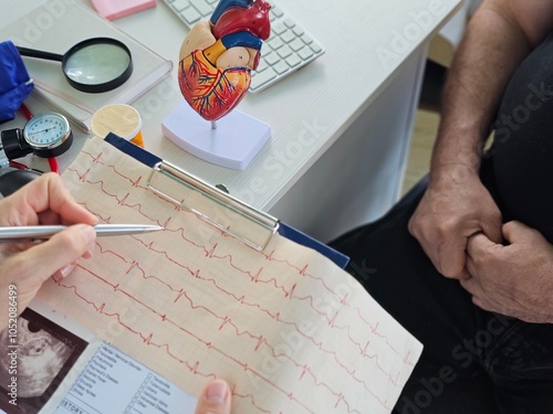 Doctor cardiologist examining electrocardiogram on background of artificial model of heart. photo