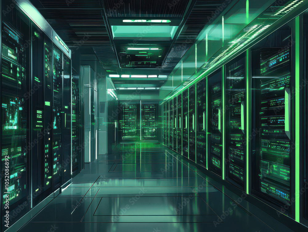 Fototapeta premium Futuristic server room with glowing green lights and reflective surfaces creating a high-tech atmosphere.