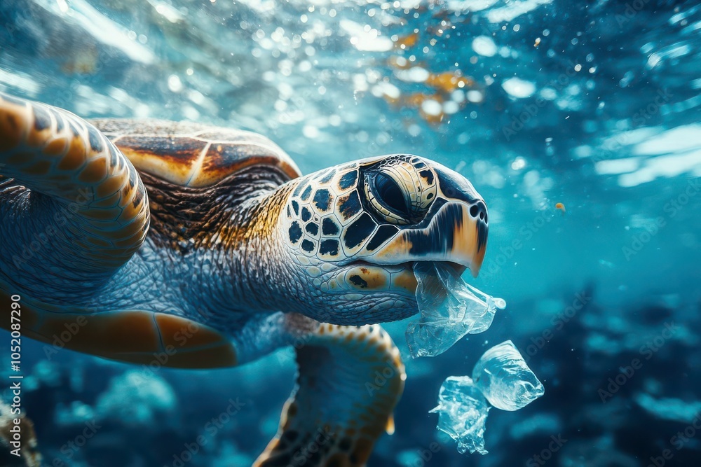 Underwater view of a sea turtle attempting to eat floating plastic debris, sharp focus on the turtle s face, high contrast, deep ocean blue tones, emotional and realistic Underwater view of a sea turtle attempting to eat floating plastic debris, sharp focus on the turtle s face, high contrast, deep ocean blue tones, emotional and realistic