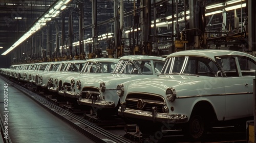 White Cars on Production Line in Automotive Factory